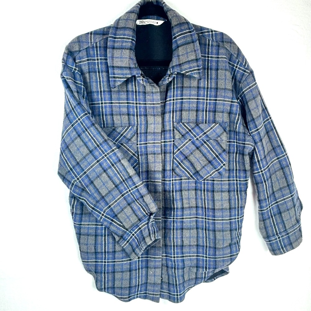Zara Man Blue Gray Plaid Flannel Shacket Shirt Jacket Mens Size Medium‎